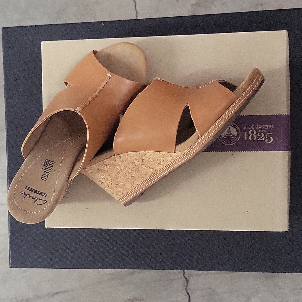 Clarks Tan Leather Wedge Sandals with Cork Heel